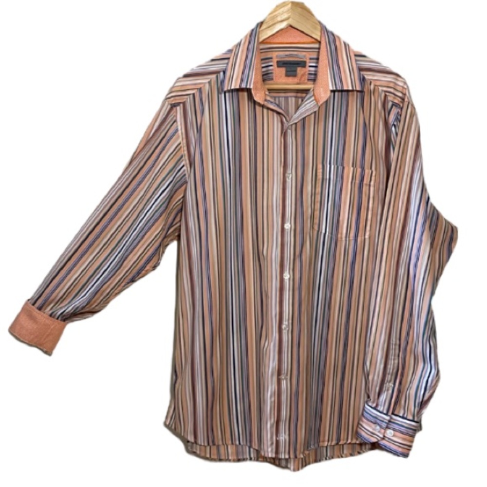 Johnston & Murphy Tailored Fit Orange Stripe Button Down Shirt Size Large